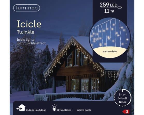 Buy 259 Micro LED Icicle Warm white twinkle outdoor christmas lights. Lights box