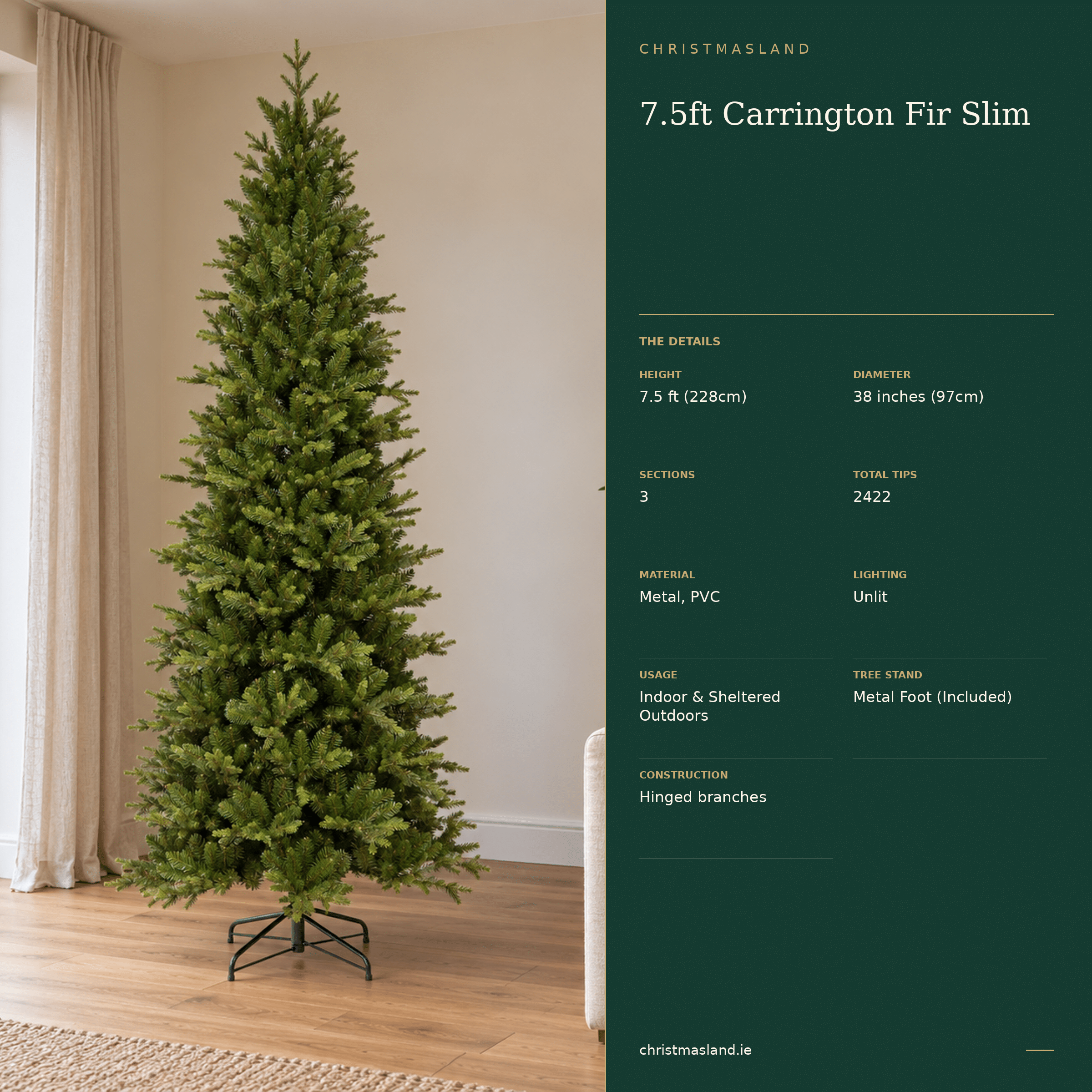 7.5ft Carrington Fir Slim Artificial Christmas Tree - Image 4