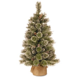 3ft Glittery Bristle Pine Small Artificial Christmas Tree with Cones in Burlap Sack