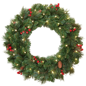 24-Inch Everyday Pre-Lit Christmas Wreath with Pine Cones, Red Berries and 50 LED Lights