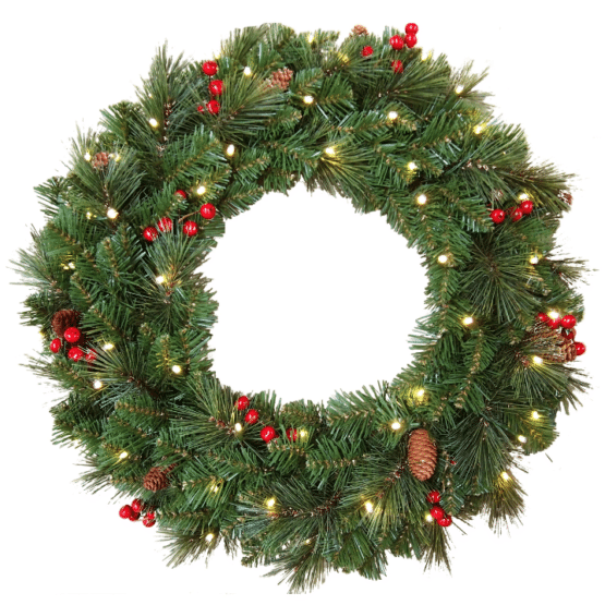 Everyday Collection Wreath with Pine Cones, Red Berries and Warm White LED Lights - Christmas Wreaths For Sale Dublin