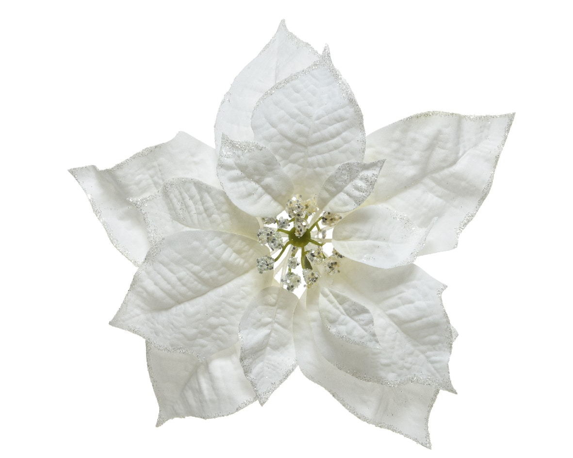 White Poinsettia With Glitter Finish on Clip - Christmas Tree Decorations For Sale Dublin