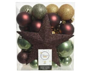 Shatterproof Christmas Tree Baubles and Topper - Natural Set - Pack of 33