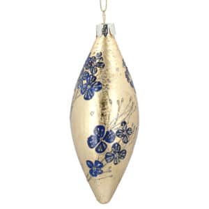 Gold Leaf Glass Olive With Blue Flowers