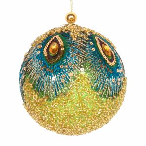 Beaded Ball With Fabric Peacock Feather Decoration