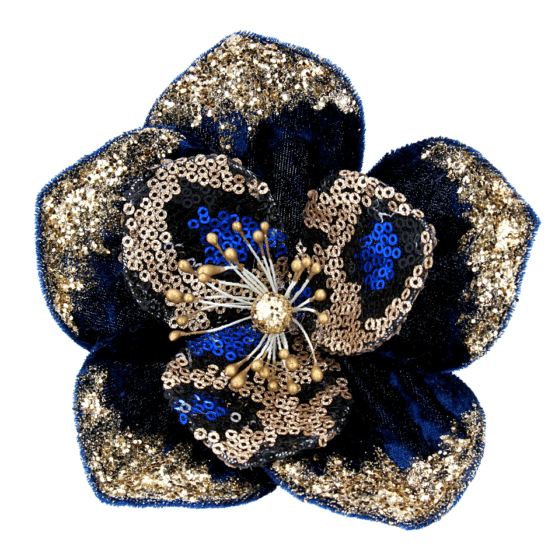 Blue and Gold Sequin Magnolia Clip_Christmas Decor_Christmasland