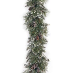 9ft Glittery Bristle Pine Garland With White Tipped Cones