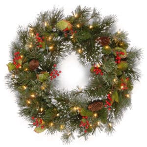 36-Inch Pre-Lit Wintry Pine Wreath with Cones, Berries, Snowflakes
