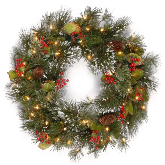 36 Wintry Pine Wreath with Cones Red Berries Snowflakes 150 LED Warm White Lights