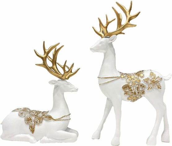 Two Polyresin Reindeer Gold and White
