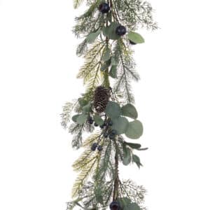 6ft Bainton Garland with Mixed Foliage Sprigs Cones and Dark Berries