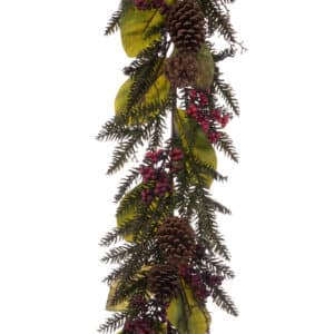 6ft Maxey Garland with Mixed Leaves Cones and Red Berries