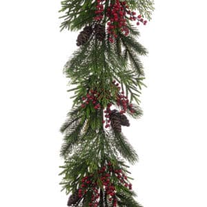 6ft Glinton Garland with Mixed Foliage Sprigs Cones and Red Berries