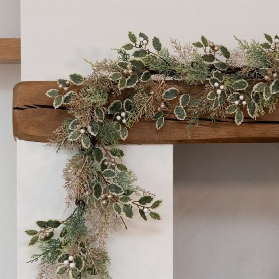 5ft Faux Sparkle Holly Garland, Green & Gold, with mixed berries for sale at Christmasland.ie