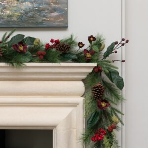 6ft Rippingale Garland with Mixed Leaves Cones and Red Berries
