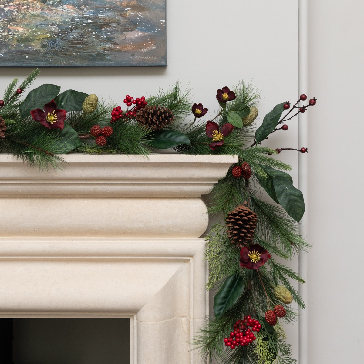 6ft Rippingale Garland with Mixed Leaves Cones and Red Berries