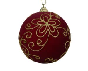10cm Oxblood Red Velvet Foam Bauble With Golden floral design
