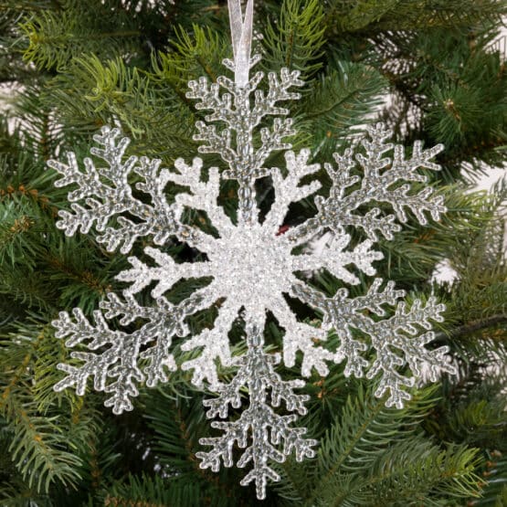 21cm transparent silver glitter snowflake Christmas hanging decoration Sale now live in Christmasland.ie, 2 goatstown, Dublin, Ireland. Or buy Online now. Best price.