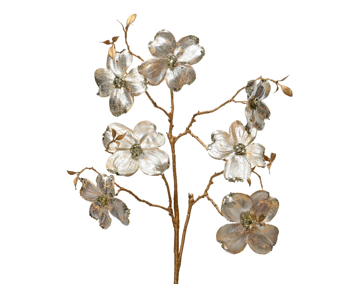 90cm Cream Dogwood flower christmas spray with gold stem for sale in Christmasland.ie. Visit us Christmasland showroom at 2 goatstown, Dublinl Ireland.
