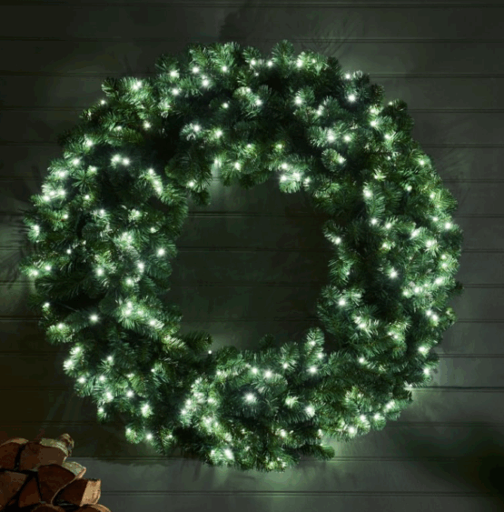48 inch Evergreen Pre-Lit Wreath with 200 warm white LED lights, battery operated for sale at Christmasland.ie in Dublin 14, Ireland. Shop today in Ireland