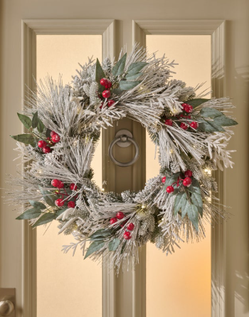 26 inch Jack Frost Pre-Lit Wreath with 50 warm white LED lights, battery operated for sale at Christmasland.ie in Dublin 14, Ireland. Shop the bestseller wreaths in Ireland