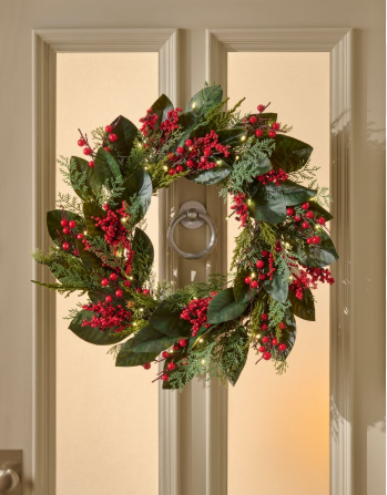 26 inch Magnolia Berry Pre-Lit Wreath with 50 warm white LED lights, battery operated for sale at Christmasland.ie in Dublin 14, Ireland. Shop sale now