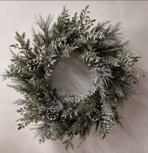 26 inch Wreath Winter Woodland with 50 Warm White LED with Pine Cones