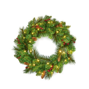 24-Inch Everyday Pre-Lit Christmas Wreath with Pine Cones, Red Berries and 50 LED Lights