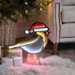 40cm Inifinity lights robin red boots on wooden base . Xmas window light Cork, Dublin City in Ireland. Buy from Christmasland.ie - Ireland's best christmas shop in Dublin