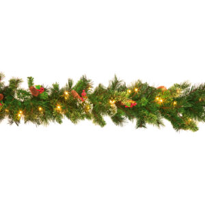 9ft Wintry Pine Pre Lit Garland Cones/Berries/Snowflakes B/O