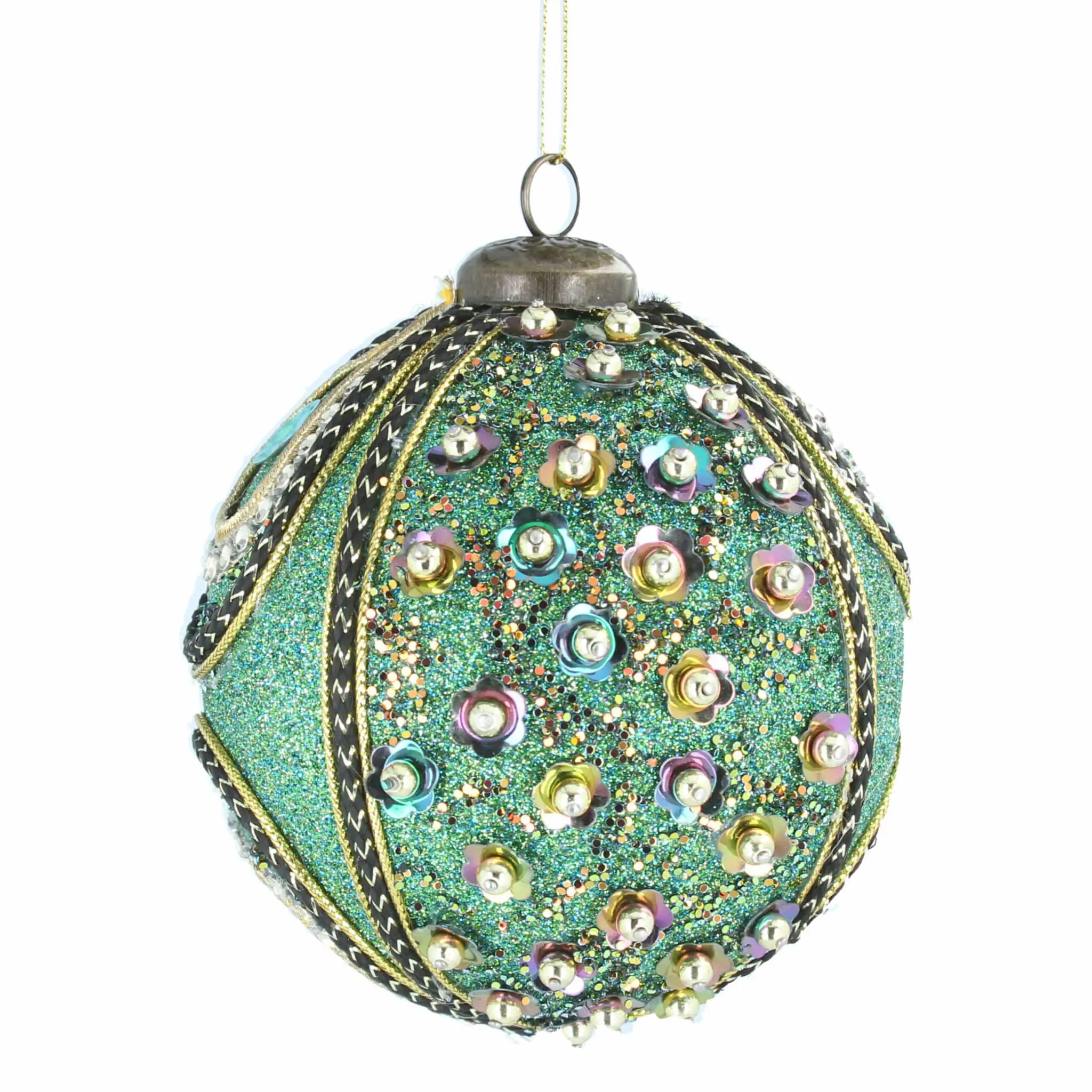 Peacock Green Glitter Braid Sequin Ball - Christmas Decor - Christmasland