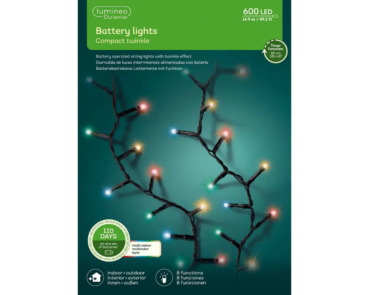 Durawise 600 XL compact LED multicoloured battery operated Xmas Lights for sale at Christmasland Dublin Ireland