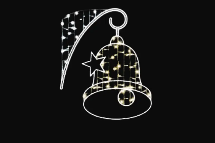 Outdoor Christmas motif lights for sale in Ireland from Christamsland. Lamp post bell motif made with rope lights and warm white string lights