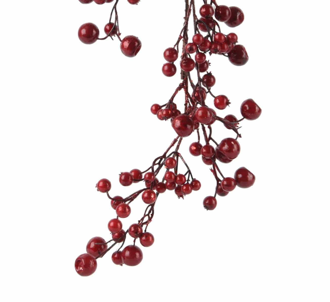 close up130cm Red glitter foam berry Decorative garland with gold stem for sale in Christmasland.ie. Visit us Christmasland showroom at 2 Goatstown, Dublin, Ireland