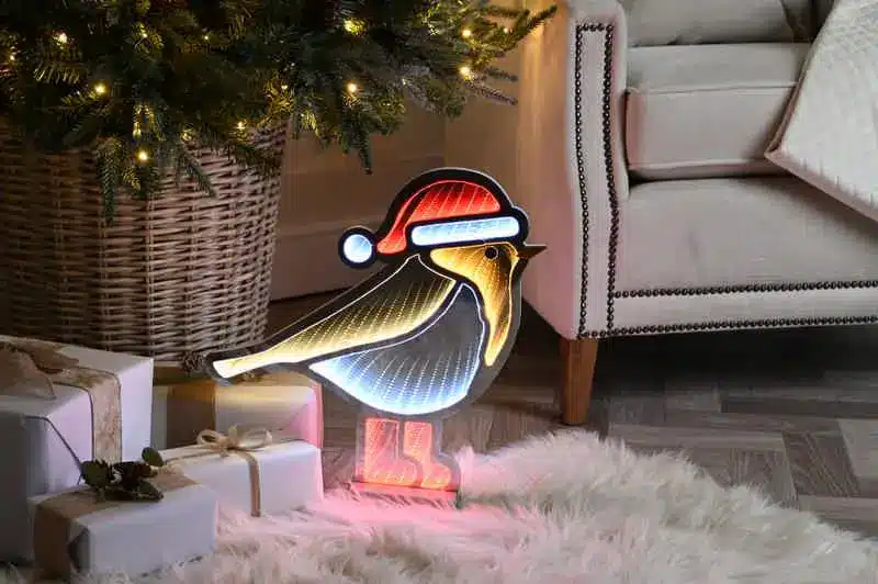 40cm Inifinity lights robin red boots on wooden base . Xmas window light Cork