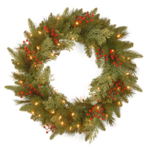 24inch Classical Collection Wreath with lights, Berries and Cedar Leaves
