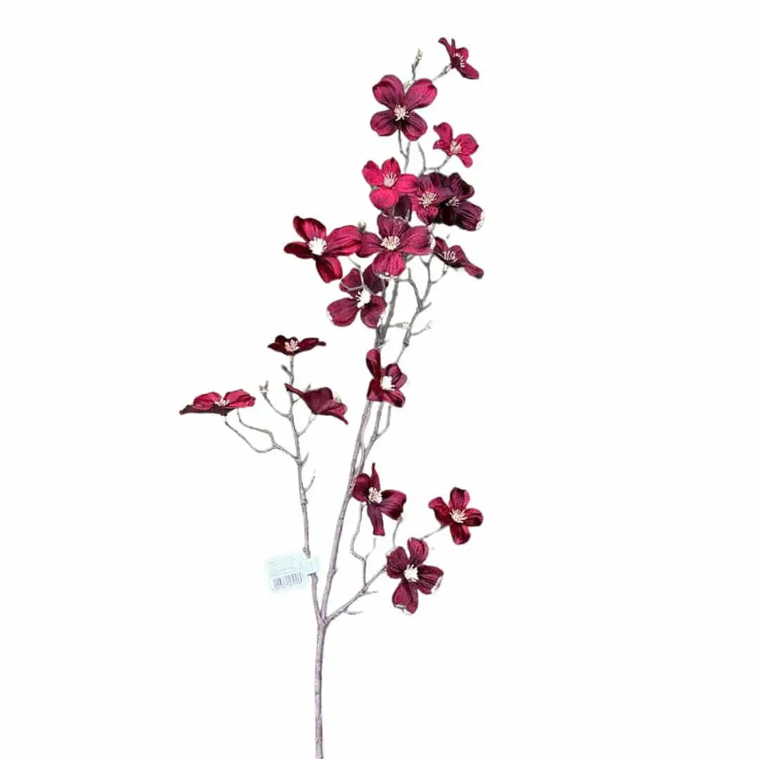 85cm Velvet mini Dogwood flower Christmas spray close up with Brown stem on offer for sale in Christmasland.ie. Visit our showroom at 2 goatstown