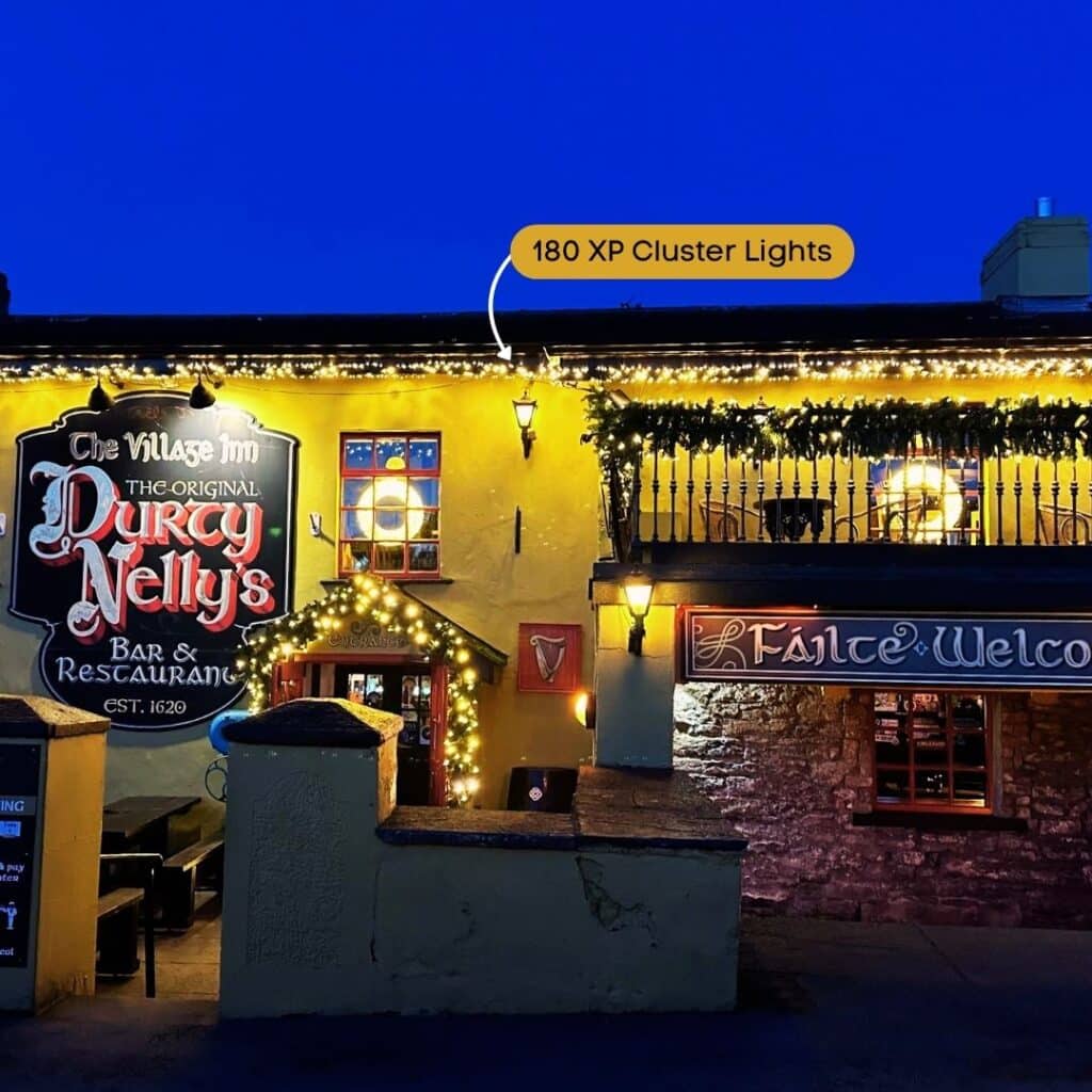 Beautifully decorated Bar & restraunt with 180 XP connectable outdoor FDL lights from Christmasland