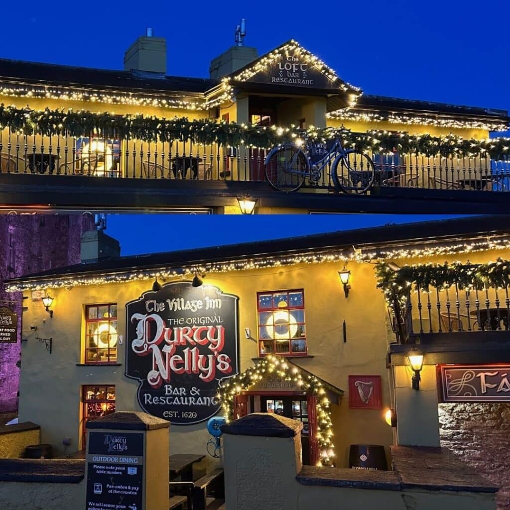 Duty Nellys Bar and restraunt is decorated is prelit Christmas Garland and outdoor lights from Christmasland