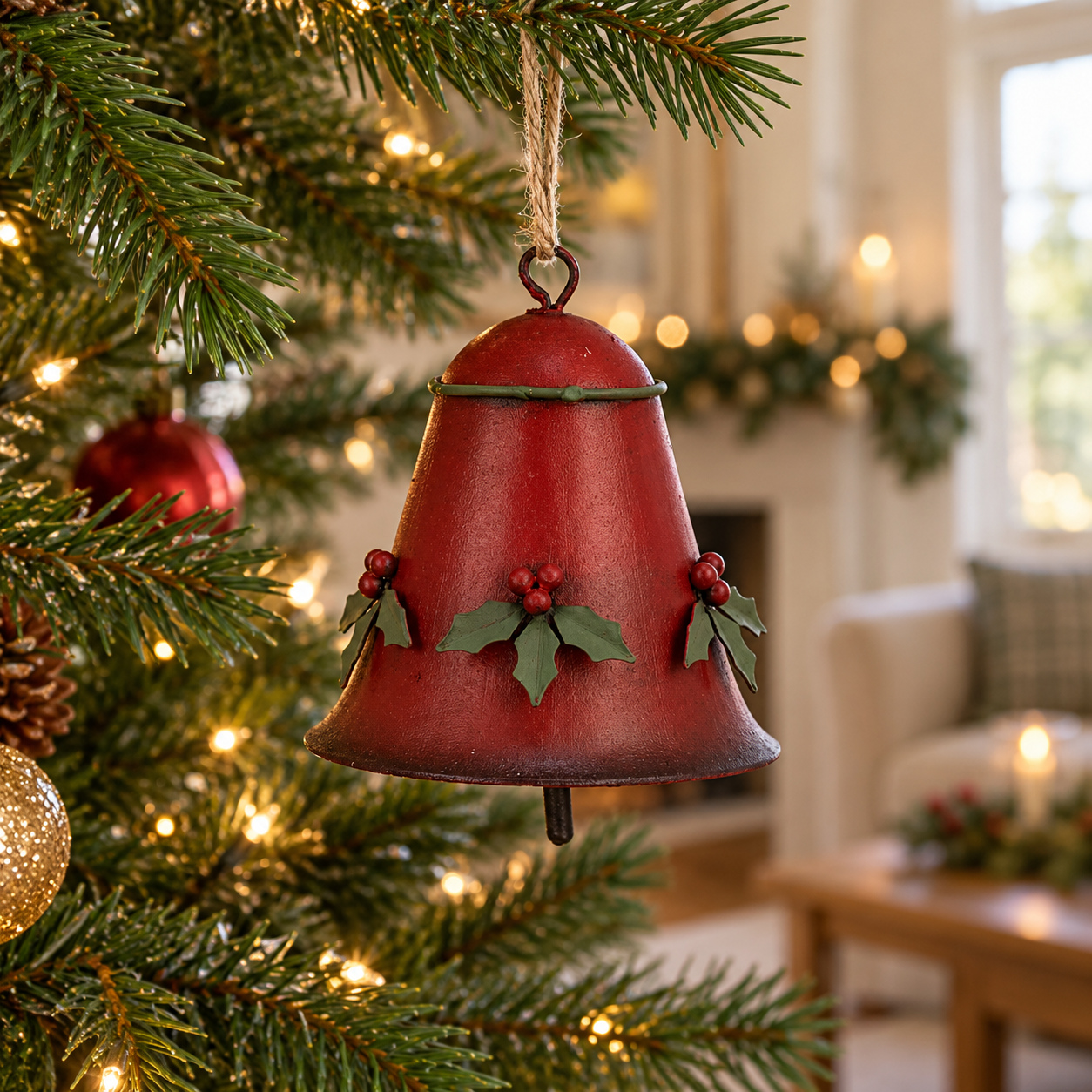 8cm Red Metal Bell with Holly