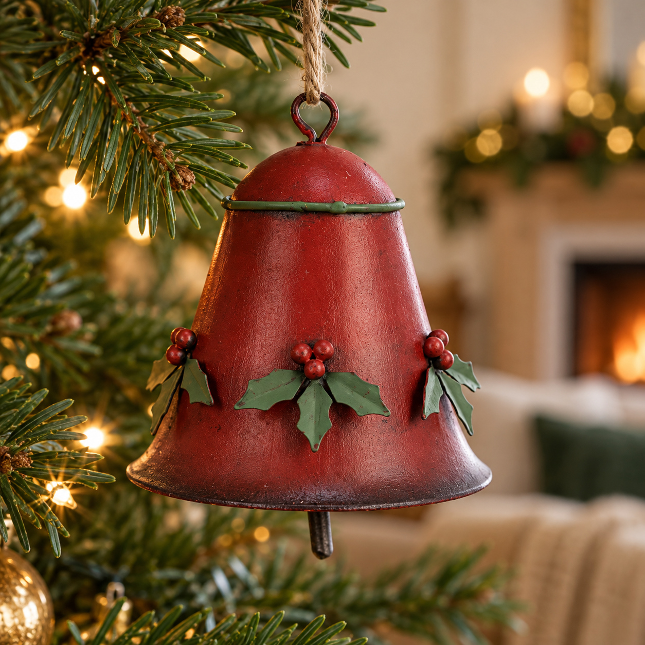 8cm Red Metal Bell with Holly - Image 2