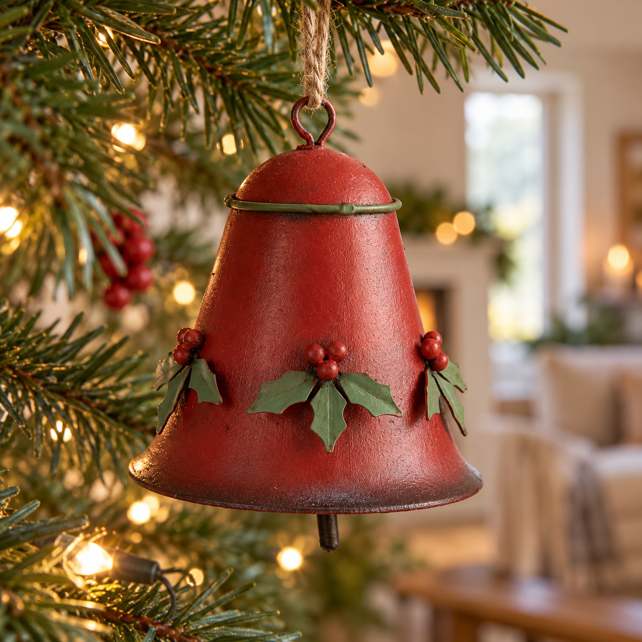 8cm Red Metal Bell with Holly - Image 3