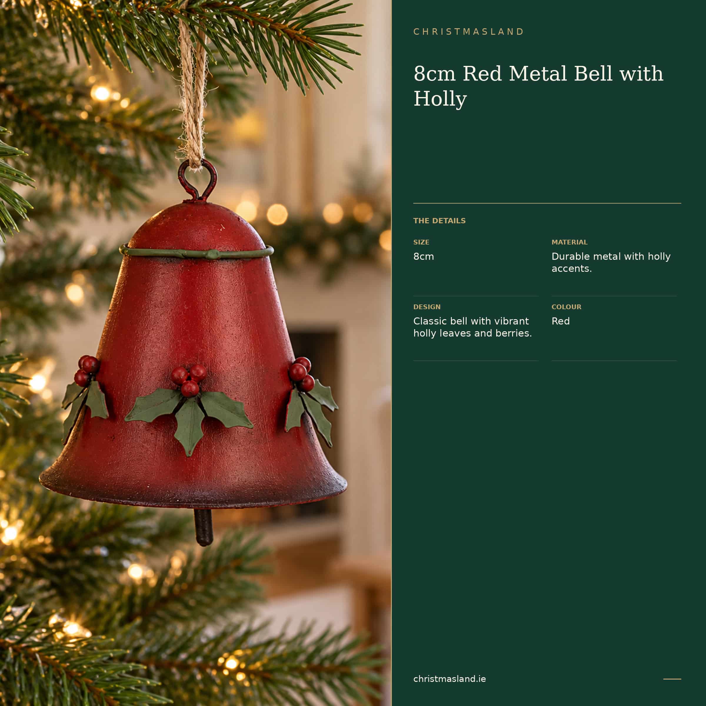 8cm Red Metal Bell with Holly - Image 4