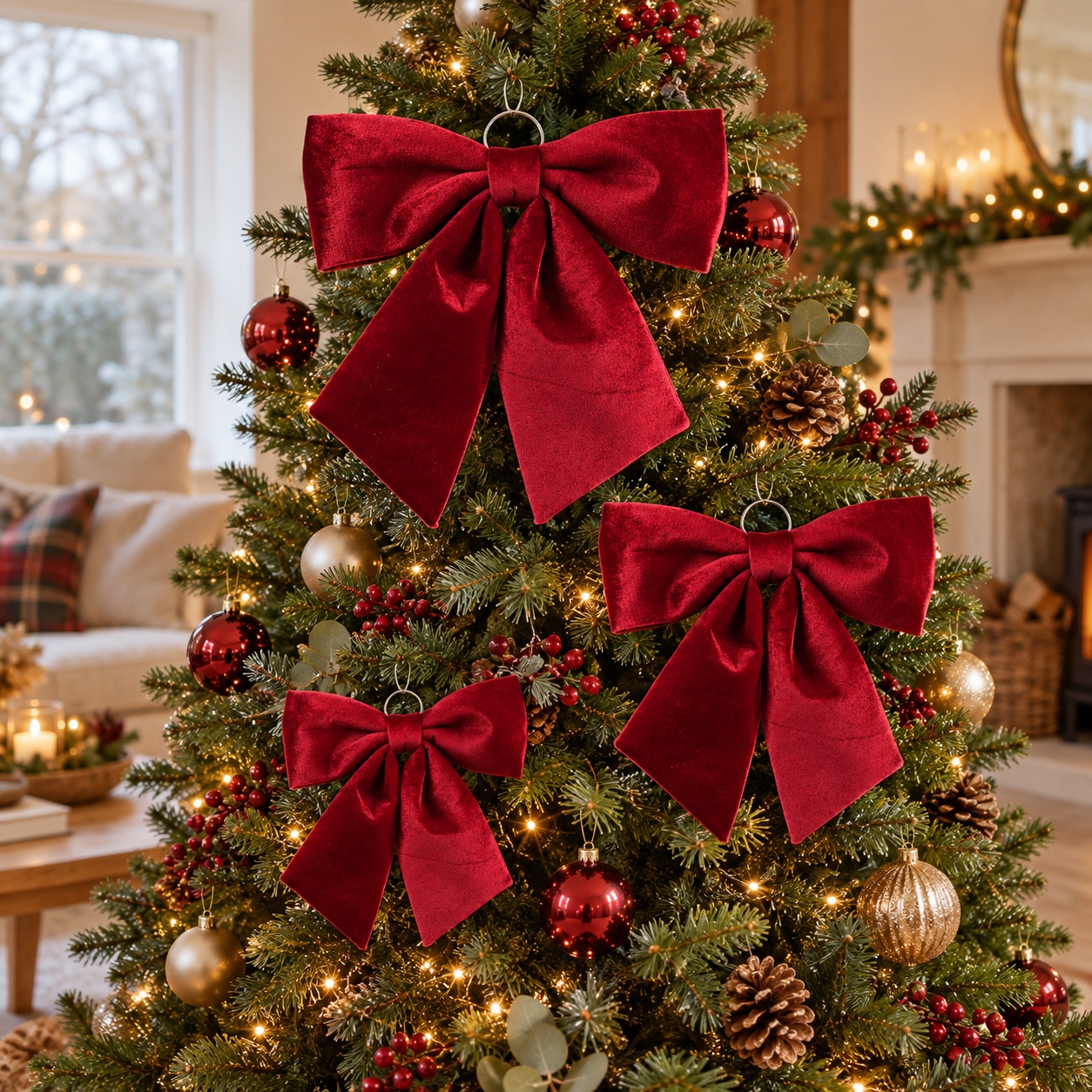 Red Polyester Christmas Bow with Hanger - 3 Sizes - Image 3