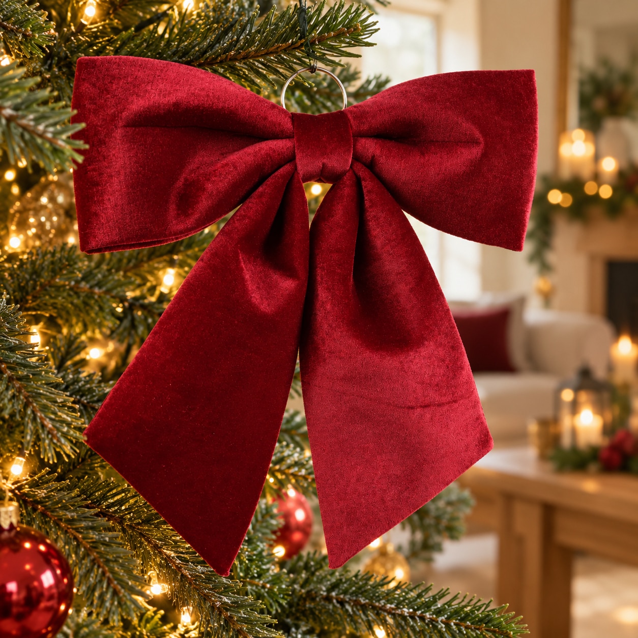 Red Polyester Christmas Bow with Hanger - 3 Sizes