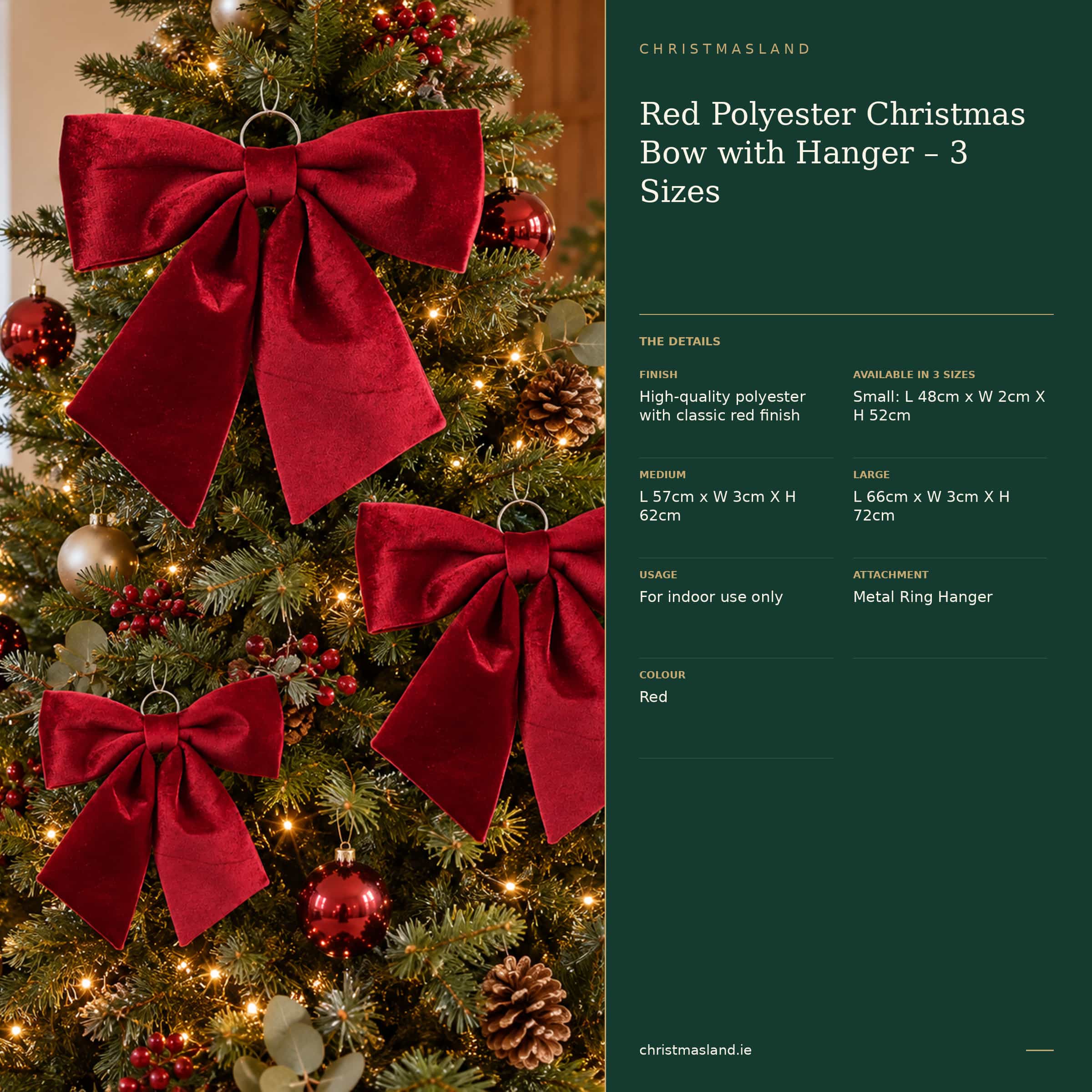 Red Polyester Christmas Bow with Hanger - 3 Sizes - Image 4